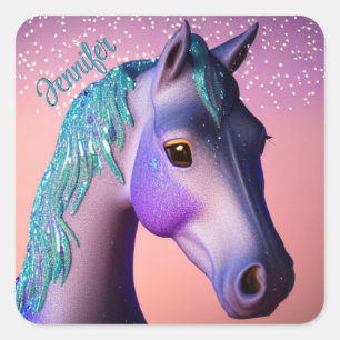 Magisches Pony in Lila und Türkis mit individuelle Quadratischer Aufkleber