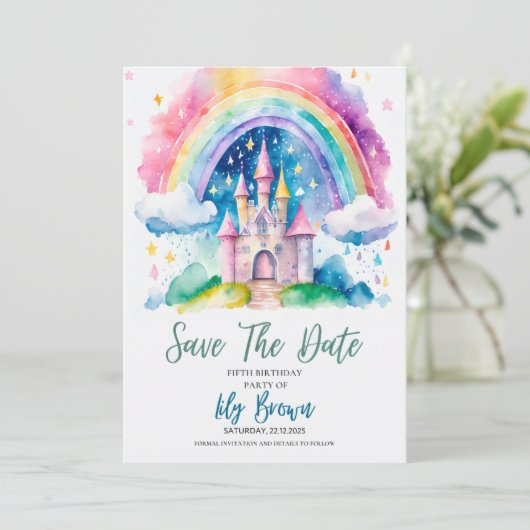 Magisches Rainbow Castle Birthday Save the Date - Einladung (Stehend Vorderseite)