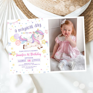 Magisches Rainbow Unicorn 1. Geburtstag Party Foto Einladung