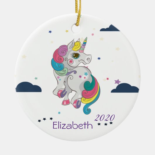 Magisches Regenbogeneinhorn, Wolken, Sterne Keramik Ornament (Vorne)