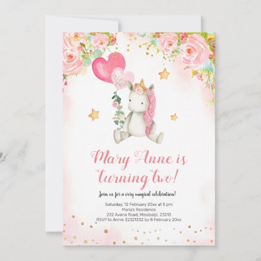 Magisches rosa Einhornmädchen zum zweiten Geburtst Einladung (Vorderseite)