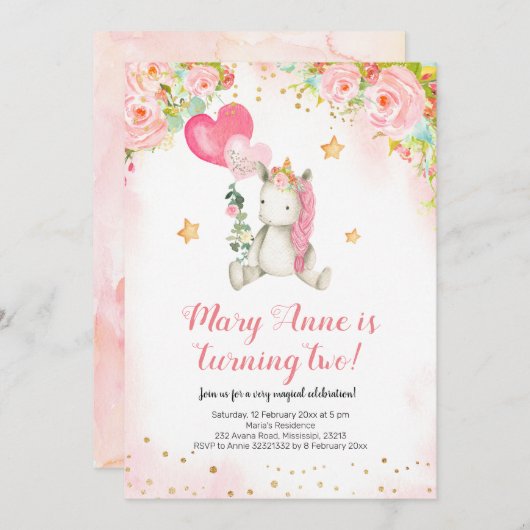 Magisches rosa Einhornmädchen zum zweiten Geburtst Einladung (Vorne/Hinten)