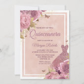 Magisches Rosa Kleid & Blume Quinceanera Einladung (Vorderseite)
