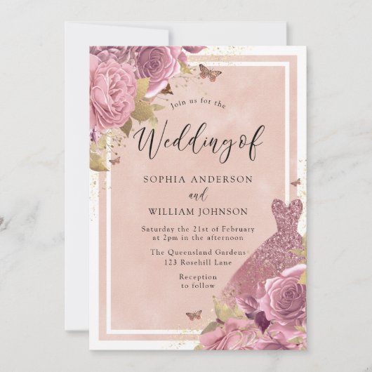 Magisches Rosa Kleid und Blumenzehen Einladung (Vorderseite)