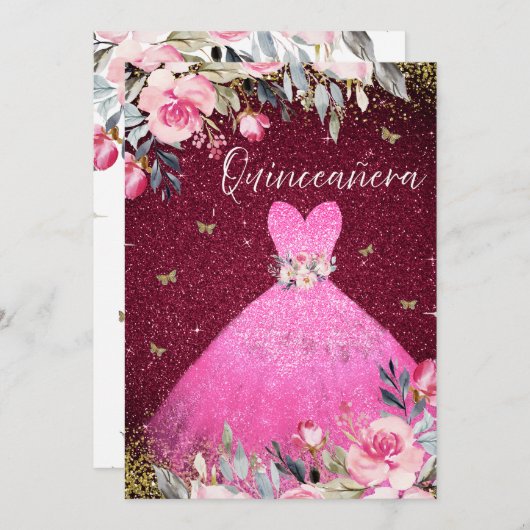 Magisches Rosa Rosa Gourmets Blumenkleid Quinceane Einladung (Vorne/Hinten)