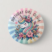 Magisches Rosa und Gold Einhorn und Blume Button (Vorderseite)