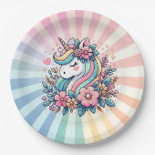 Magisches Rosa und Gold Einhorn und Blume Pappteller (Vorderseite)