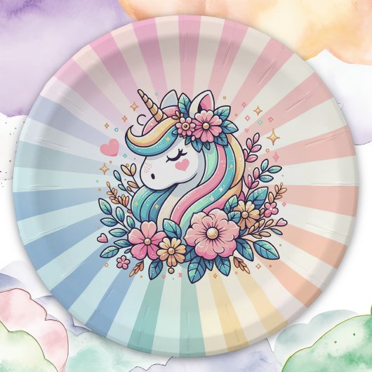 Magisches Rosa und Gold Einhorn und Blume Pappteller