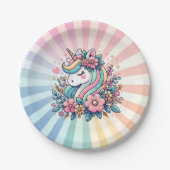Magisches Rosa und Gold Einhorn und Blume Pappteller (Vorderseite)