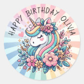 Magisches Rosa und Gold Einhorn und Blume Runder Aufkleber (Vorderseite)