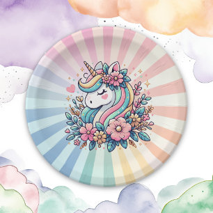 Magisches rosa und goldenes Einhorn und Blumen Pappteller