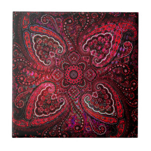 Magisches rotes Paisley auf schwarzem Hintergrund Fliese
