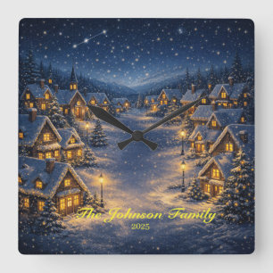 Magisches schneebedecktes Weihnachtsdorf bei Nacht Quadratische Wanduhr