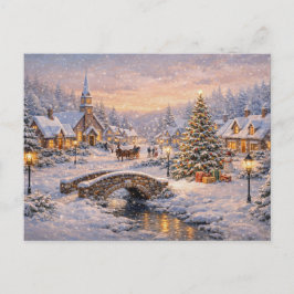 Magisches schneebedecktes Weihnachtsdorf bei Sonne Feiertagspostkarte