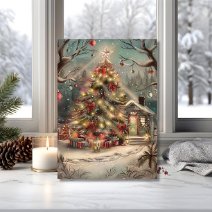 Magisches schneebedecktes Weihnachtshäuschen  Karte