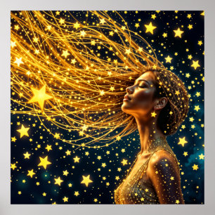 Magisches Sternenportrait von Goldfantasy-Frau Poster