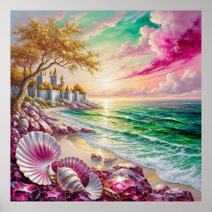 Magisches Strandburg-Sonnenuntergang Poster