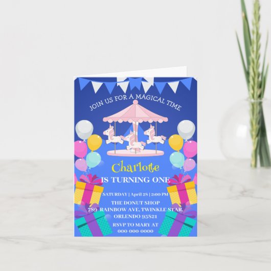 Magisches Unicorn-Regenbogenkarussell Geburtstag Einladung (Vorderseite)