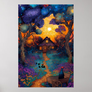 Magisches Waldhäuschen Lebendiger Sonnenuntergang  Poster