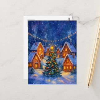 Magisches Wasserfarben-Festnachtsdorf Weihnachten Postkarte