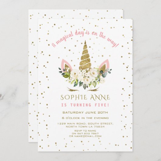 Magisches Weißes Blütengold Einhorn Girl Geburtsta Einladung (Vorne/Hinten)