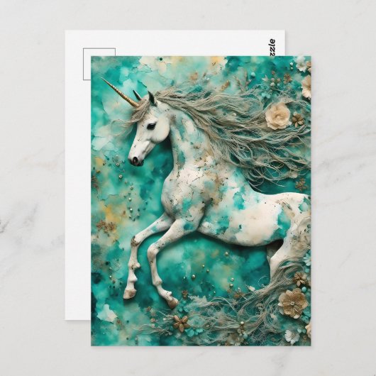 Magisches Weißes Einhorn Aquamariner Hintergrund Postkarte (Vorne/Hinten)