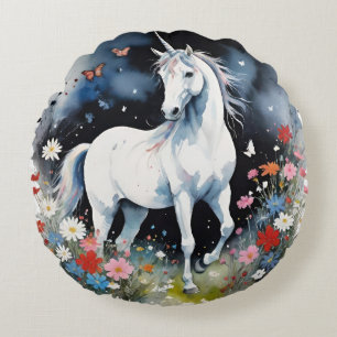 Magisches weißes Einhorn in einem Nachtgarten Rundes Kissen