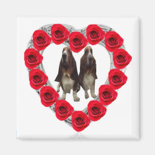 Magnet Candy Red Heart Rose mit Basset Hounds