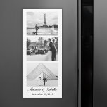 Magnet für das Hochzeitschwarz-Weiß-Foto<br><div class="desc">Maßgeschneiderte Hochzeitsmagnet-Favoriten,  die als Foto-Standstreifen konzipiert und mit 3 Fotos des Ehepaares personalisiert sind. Design in Schwarz-Weiß (um es zu ändern,  klicken Sie bitte auf den Knopf,  um das Design zu bearbeiten) mit individuellen Namen und dem Hochzeitstag.</div>