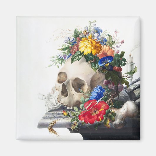 Magnet mit Totenkopf und Blumen Szene. (Vorne)
