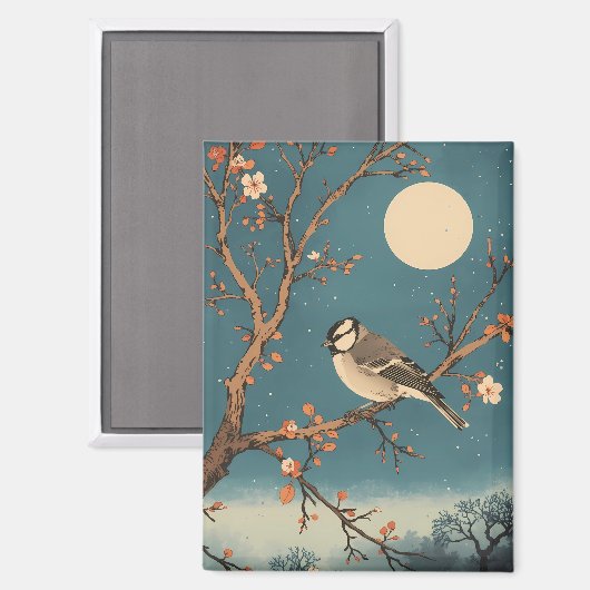 Magnet - Moonlit Bird on Blossom Branch (Vorderseite/Rückseite)