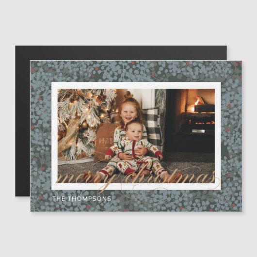 Magnetic Merry Christmas Script Berries Fotokarte Magneteinladung (Vorne/Hinten)