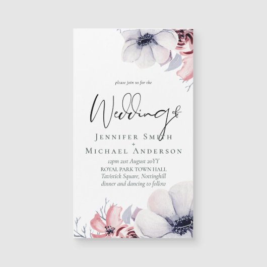 Magnetic Navy Blue Coral Floral Script Hochzeitssc Magnetkarte (Vorderseite)