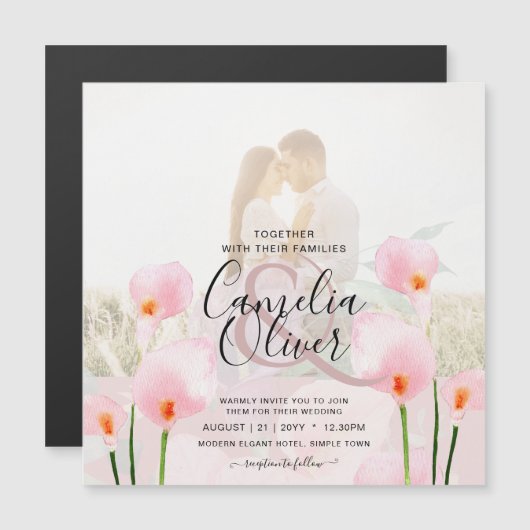 MAGNETIC Pink Calla Lily FOTO Hochzeit Einladung (Vorne/Hinten)