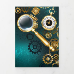 Magnifier in Steampunk Style Dreifach Gefaltete Ankündigung