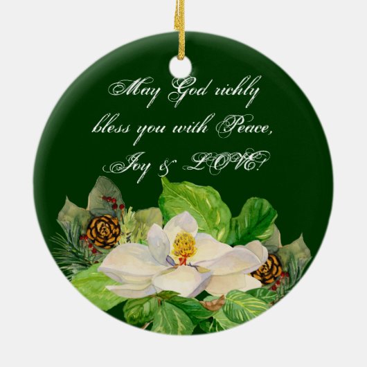 Magnoila n Pine Cone Damask Keramik Ornament (Hinten)