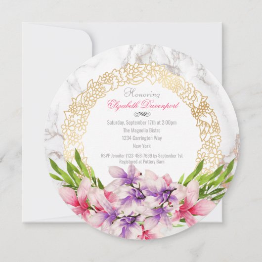 Magnoilia Blume Wasserfarben am Marble Bridal Tee Einladung (Rückseite)