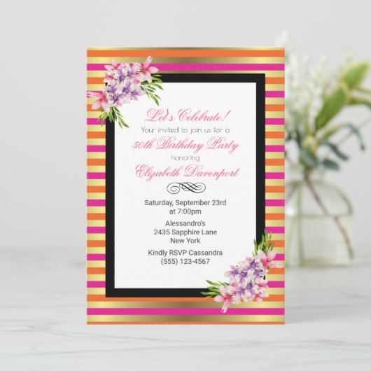 Magnolia auf Rosa und Imitate Gold Streifen Geburt Einladung (Stehend Vorderseite)