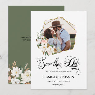 Magnolia-Baumwoll-Blumen-Blatt-Gold-Geometrie-Foto Save The Date