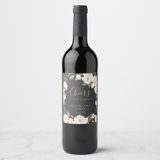 Magnolia Black Cheers Wedding Wine Labels Weinetikett (Vorderseite)
