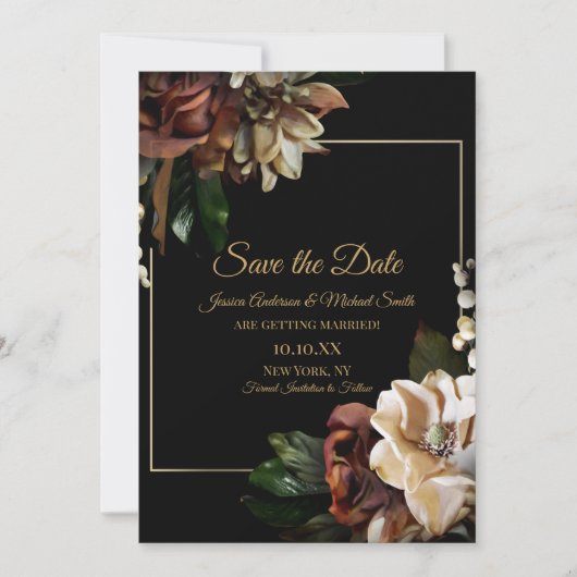 Magnolia Black Gold Floral Save the Date Einladung (Vorderseite)
