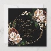 Magnolia Black Gold Wreath Floral Save the Date Einladung (Vorderseite)