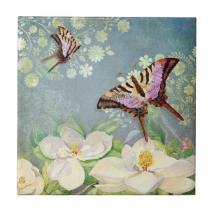Magnolia Blauer Schmetterling Blaue Wasserfarbe Vi Fliese