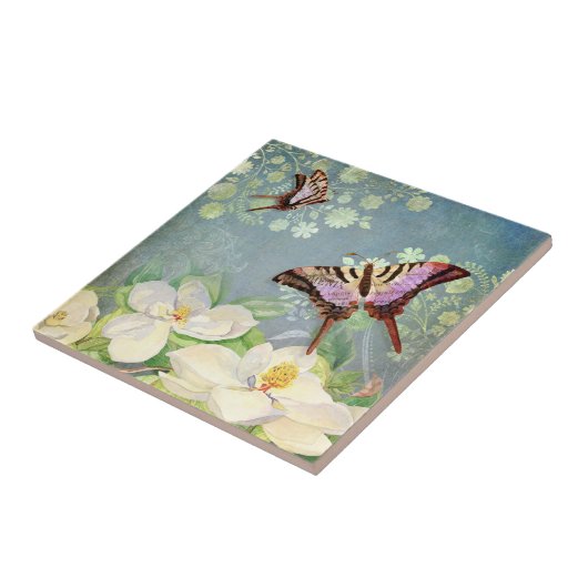 Magnolia Blauer Schmetterling Blaue Wasserfarbe Vi Fliese (Seite)