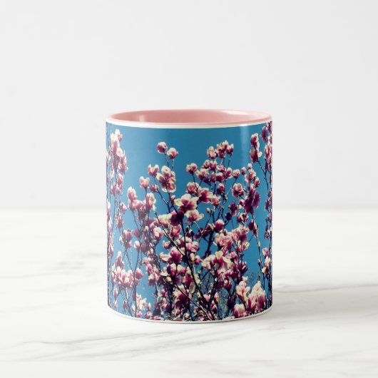 Magnolia Blossoms Blue Sky Zweifarbige Tasse (Mittel)
