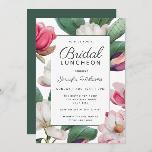 Magnolia Blossoms Boho Floral Bridal Luncheon Einladung (Vorne/Hinten)