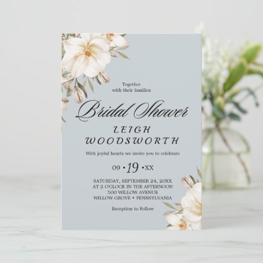 Magnolia Blue Gray Brautparty Einladung (Stehend Vorderseite)