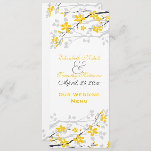 Magnolia Blume Gelb, Grau Hochzeitskarte Menükarte (Vorne/Hinten)