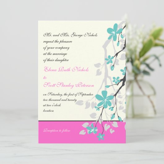 Magnolia Blume türkis, heiß rosa Hochzeit Einladung (Stehend Vorderseite)