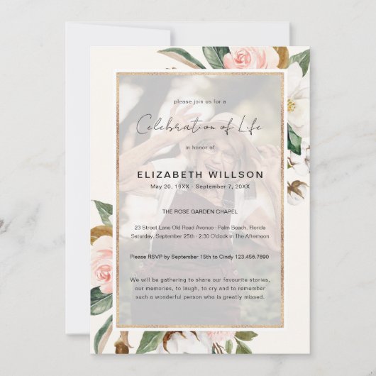 Magnolia-Blumenfeier zum Foto Lebensbeerdigung Einladung (Vorderseite)